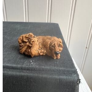 LM Marked Tired Mother Dog W Puppies Figurine Tan Resin | 1.75" Knick Knack
